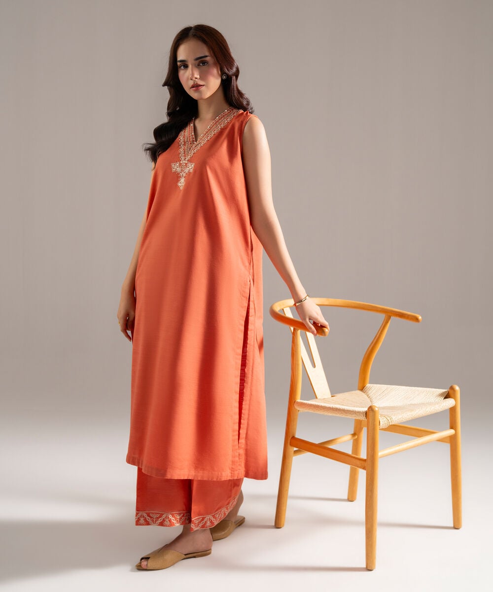 Women's RTW Khaddar Solid Embroidered Orange Straight Shirt