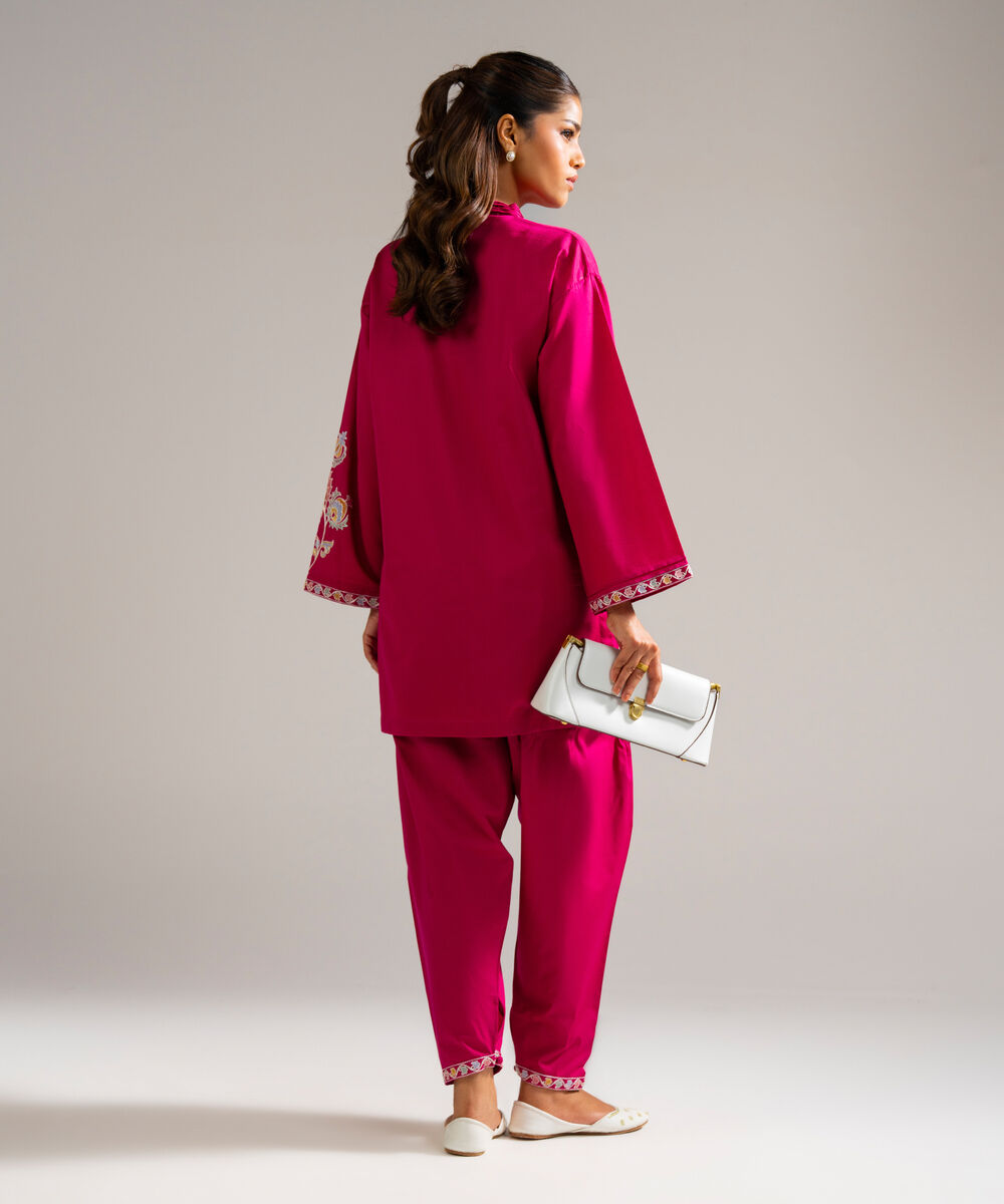Women's RTW Dobby Embroidered Pink Drop Shoulder Shirt