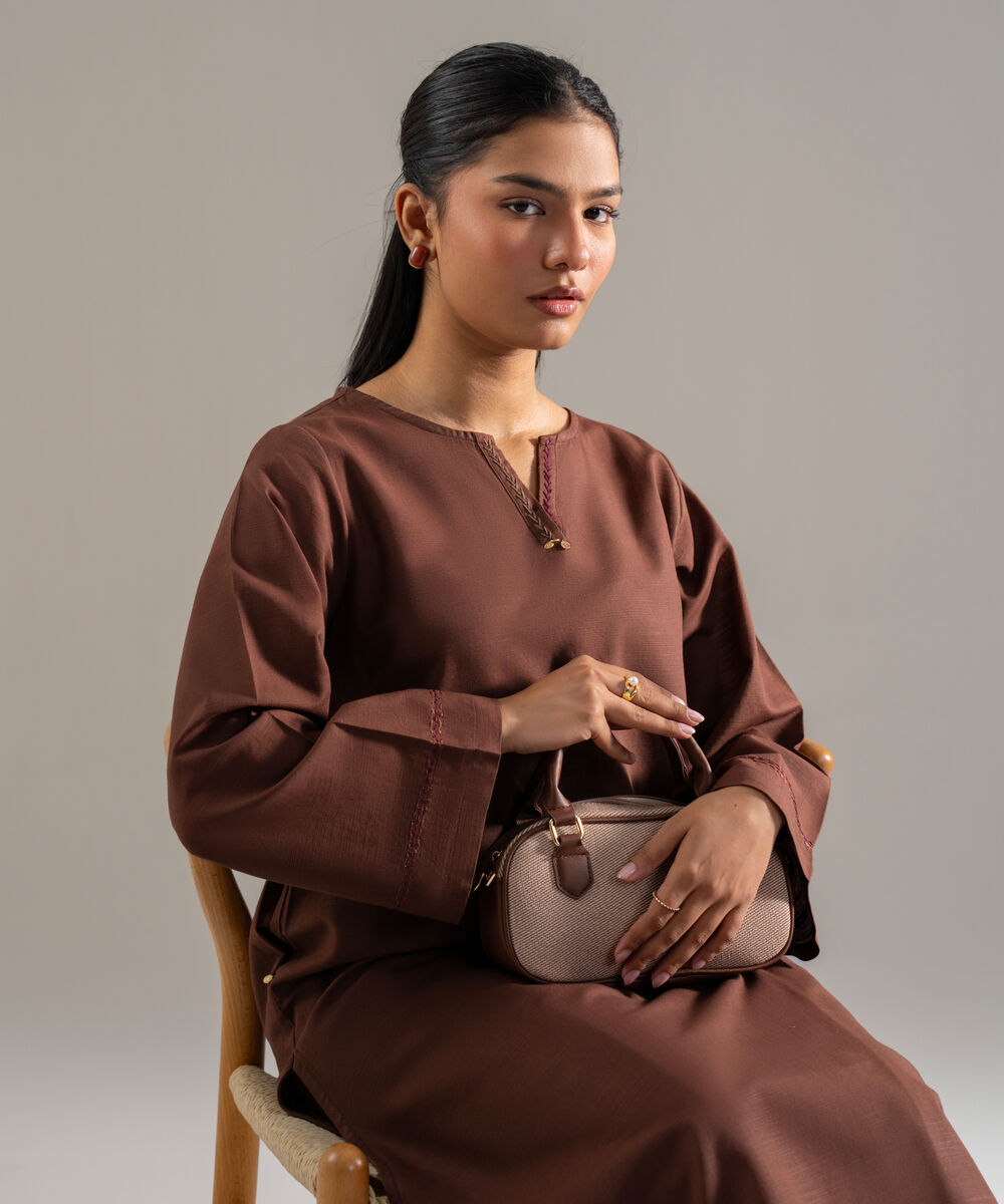 Women's RTW Khaddar Solid Brown Straight Shirt