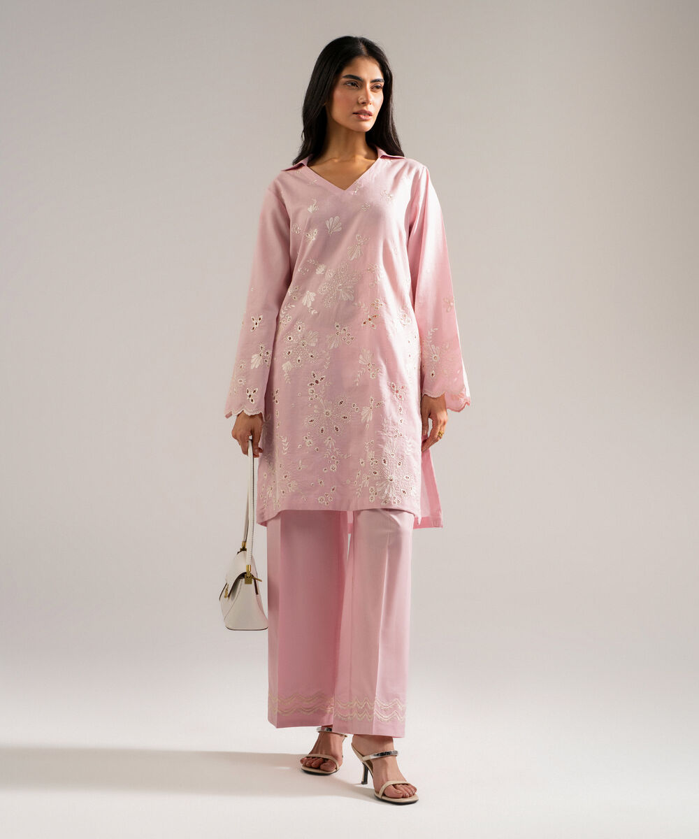 Women's RTW Self Jacquard Embroidered Pink 2 Piece Suit
