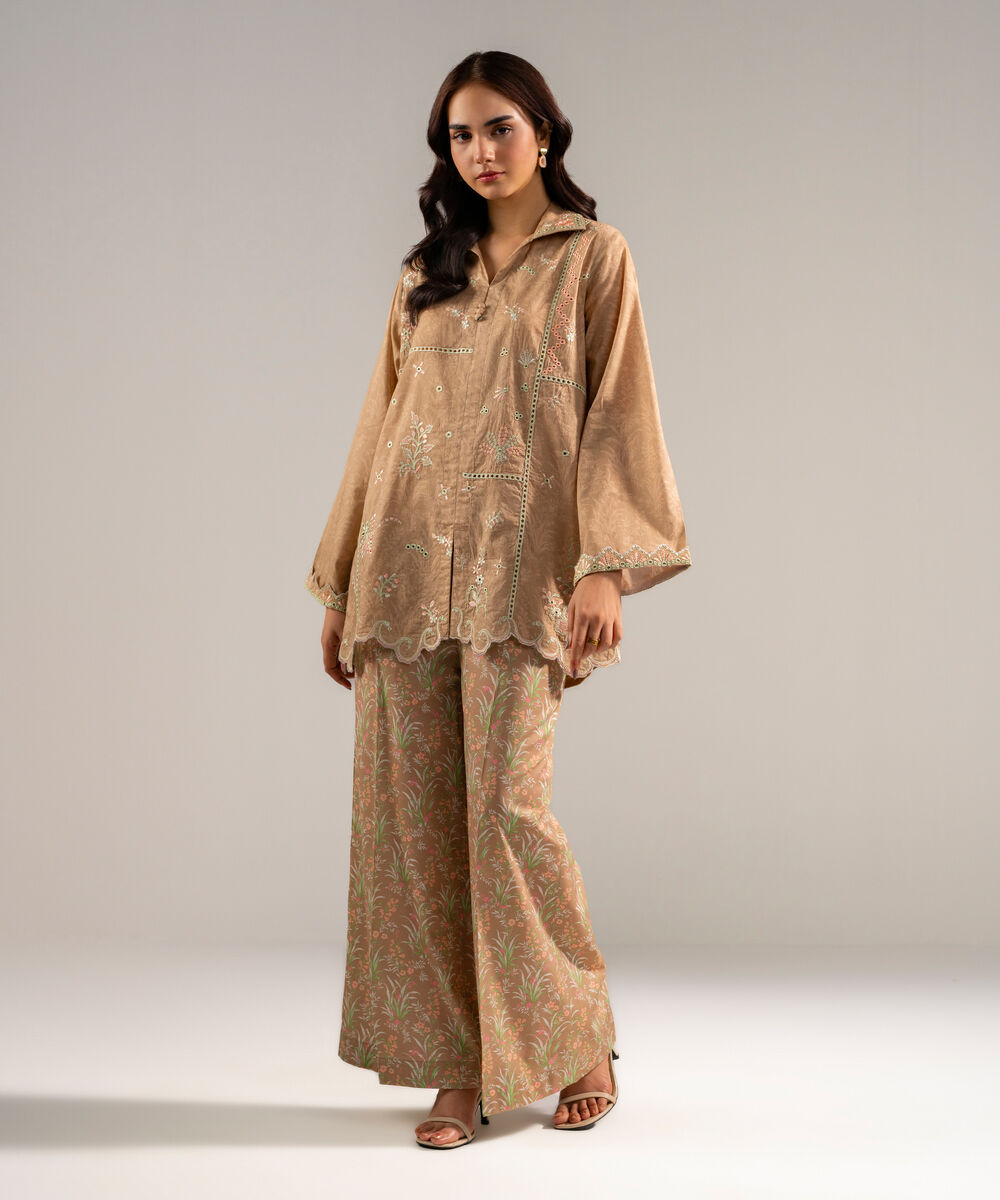 Women's RTW Lawn Embroidered Dark Beige Straight Shirt