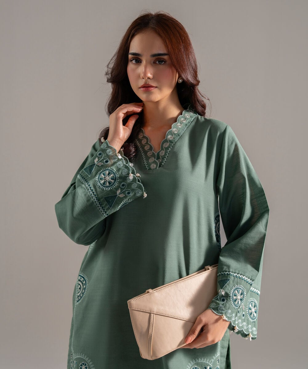 Women's RTW Khaddar Solid Embroidered Sage Green Straight Shirt