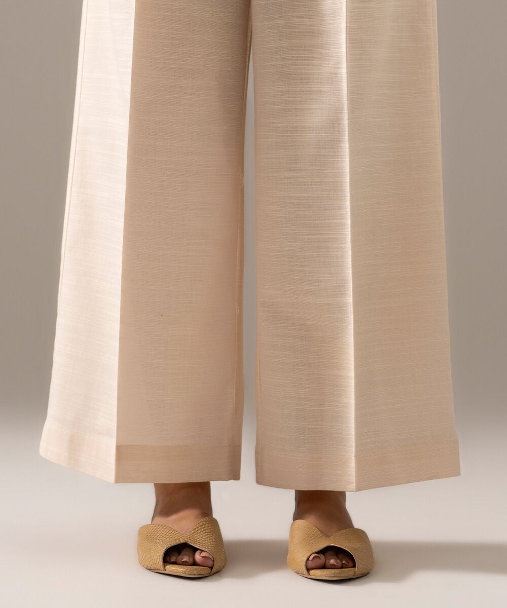Women's RTW Khaddar Solid Off White Flared Pants