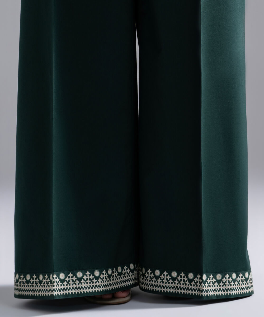 Women's RTW Cambric Solid Dark Green Flared Pants