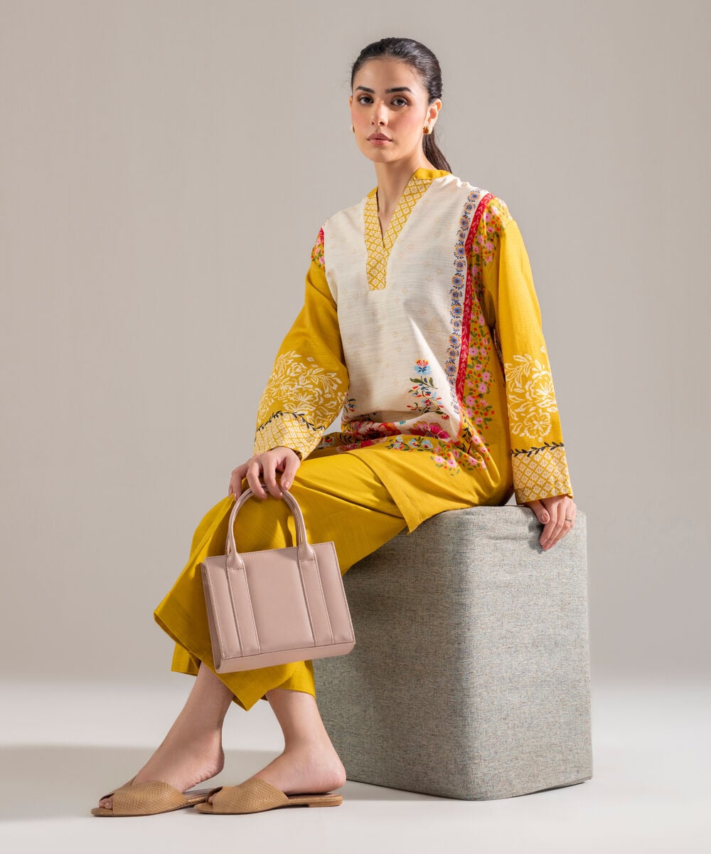 Women's RTW Khaddar Printed Mustard 2 Piece Suit