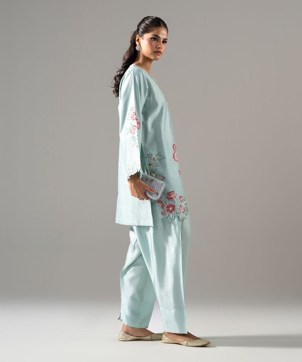 Women's RTW Cotton Net Solid Embroidered Blue 2 Piece Suit