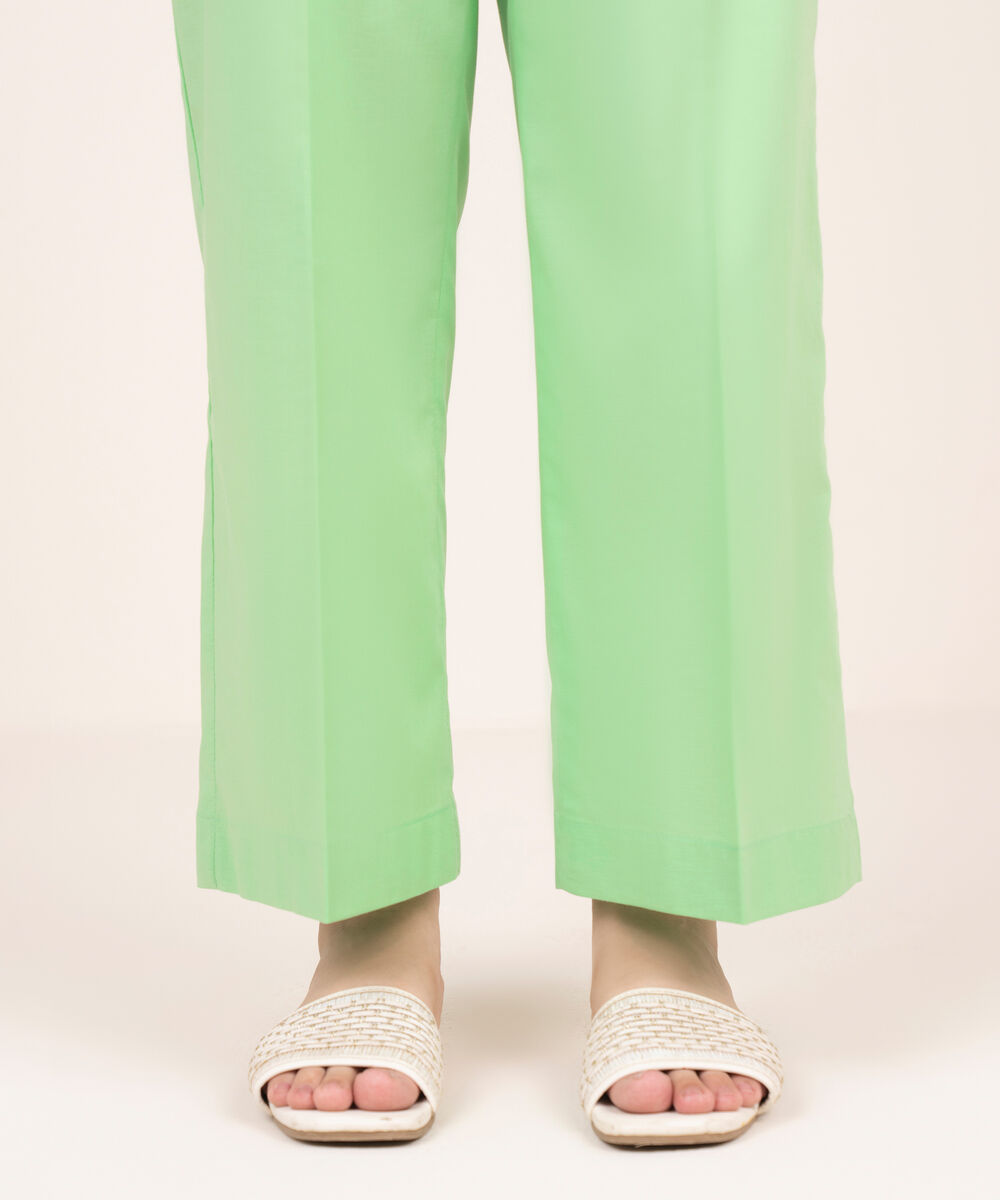 Women's RTW Cotton Viscose Green Solid Straight Pants