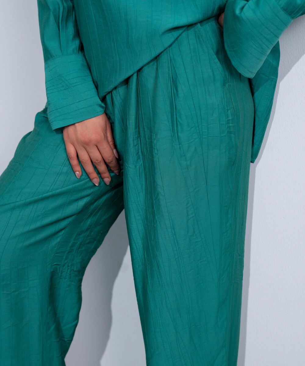 Women's Western Teal Green Textured Pleated Trousers