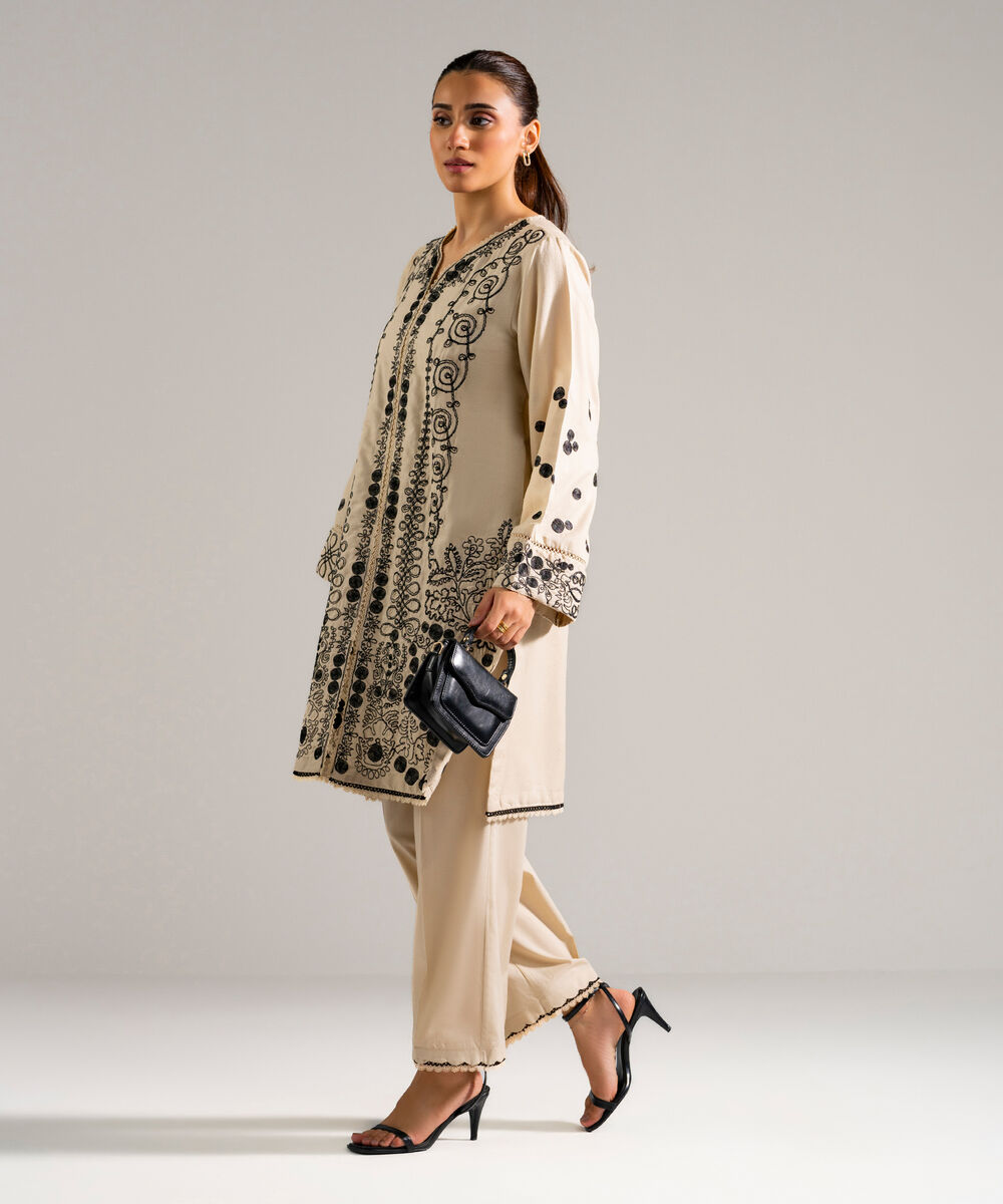 Women's RTW Dobby Embroidered Beige 2 Piece Suit