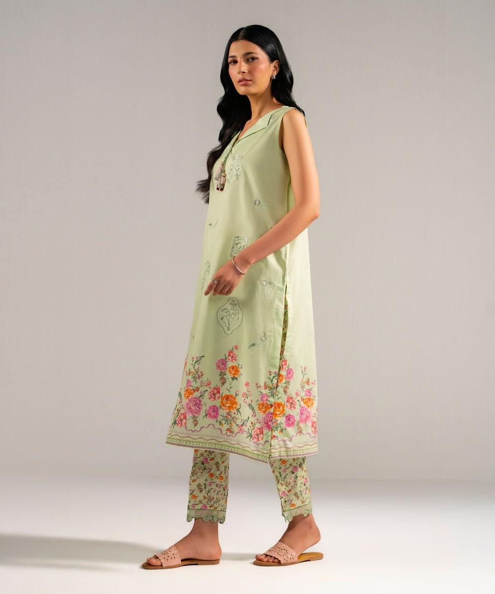 Women's RTW Lawn Embroidered Green Straight Shirt
