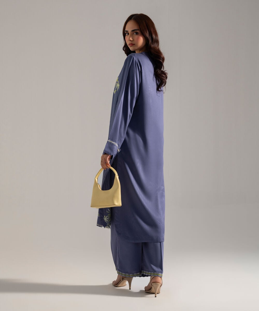 Women's RTW Solid Embroidered Blue Bedford Shirt