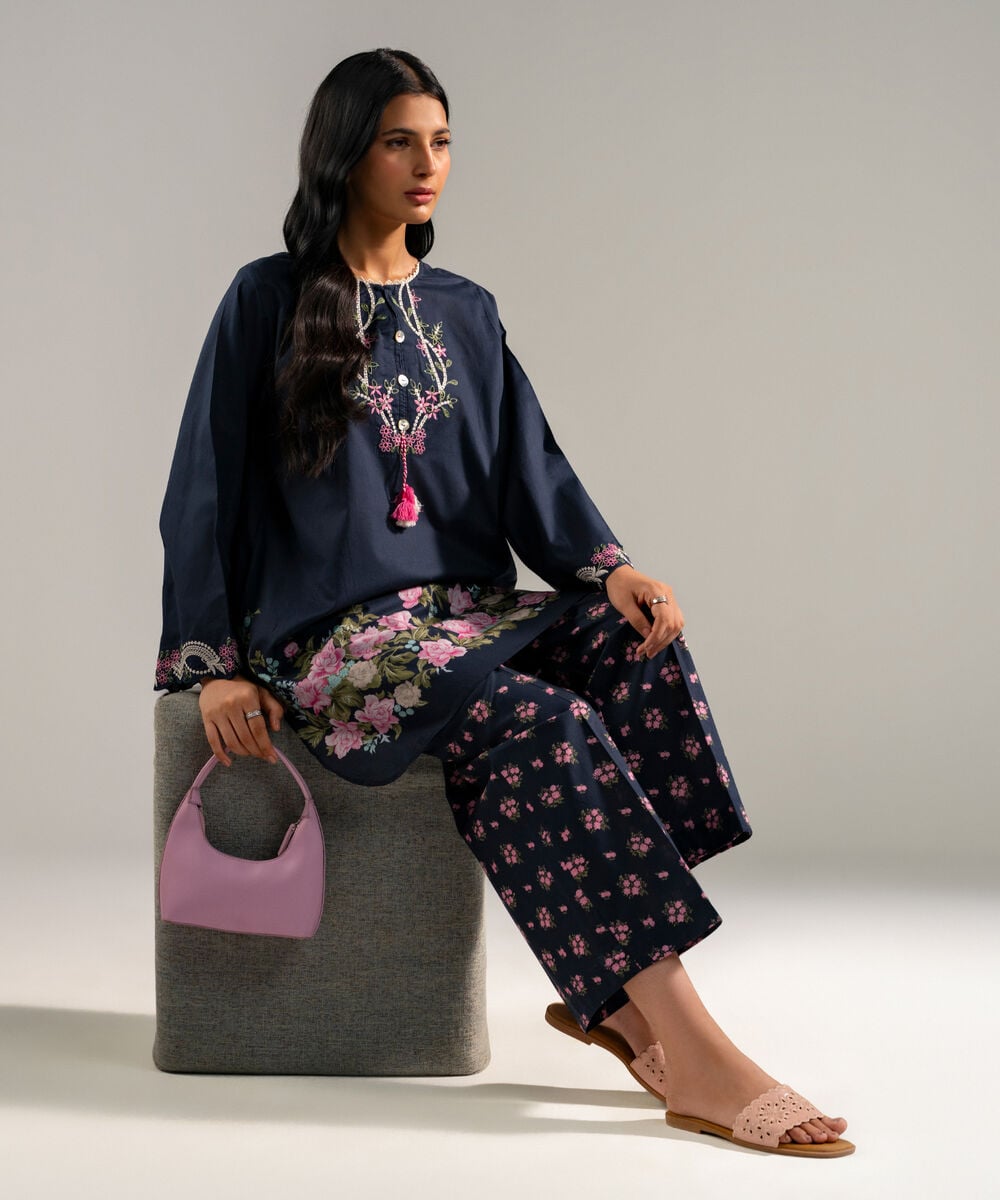 Women's RTW Lawn Embroidered Blue Straight Shirt