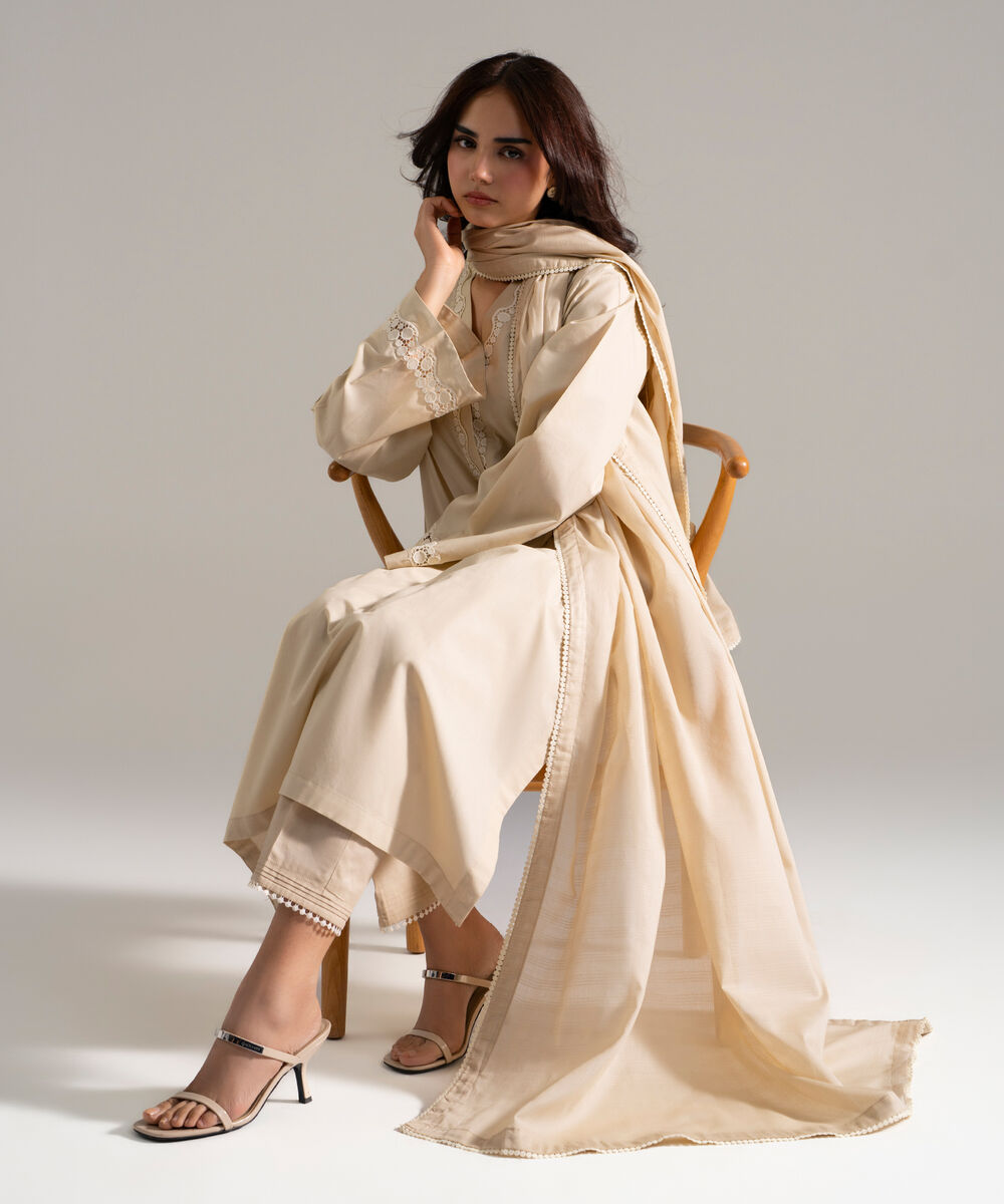 Women's RTW Cambric Printed Beige 3 Piece Suit
