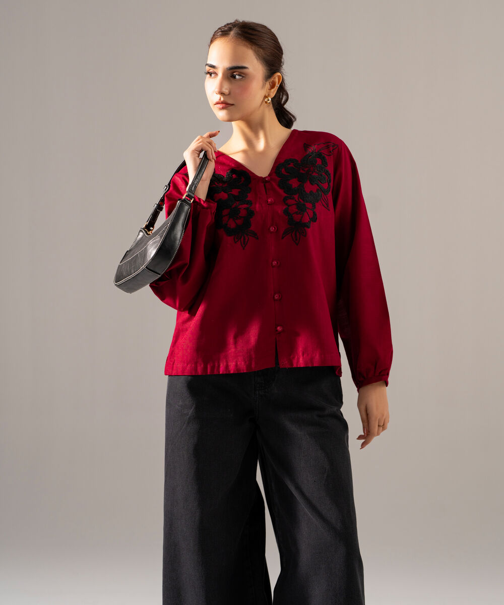 Women's RTW Khaddar Solid Embroidered Maroon Straight Shirt