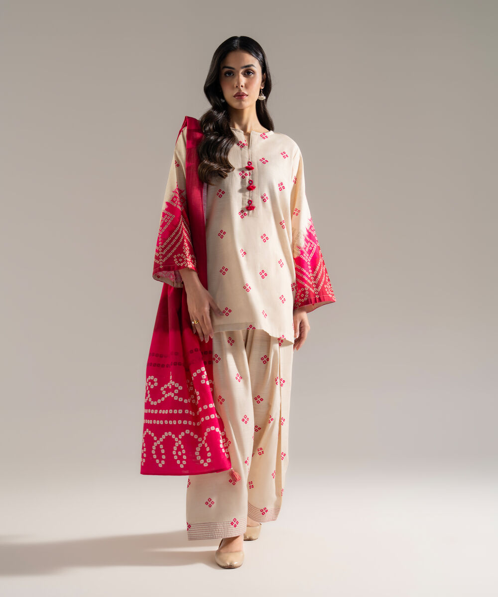 Women's RTW Khaddar Printed Off White 3 Piece Suit