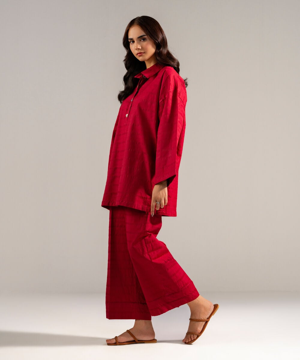 Women's RTW Seersucker Solid Maroon 2 Piece Suit