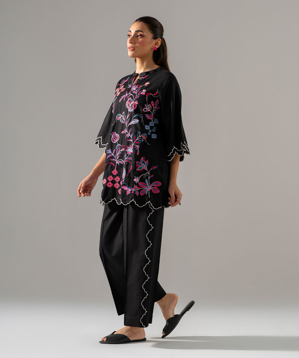 Women's RTW Dobby Solid Embroidered Black 2 Piece Suit