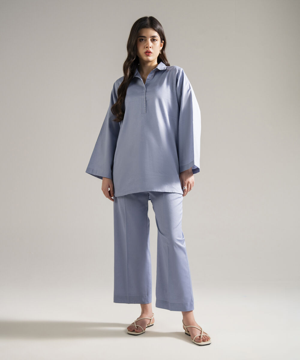 Women's RTW Cotton Linen Solid Steel Blue 2 Piece Suit