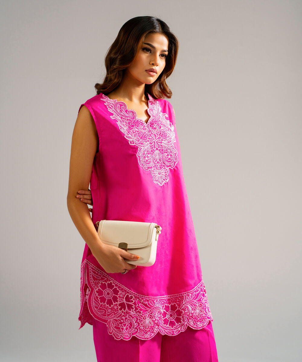Women's RTW Self Jacquard Embroidered Pink 2 Piece Suit