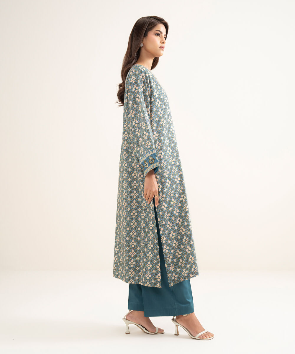 Women's RTW Lawn Embroidered Blue A-Line Shirt