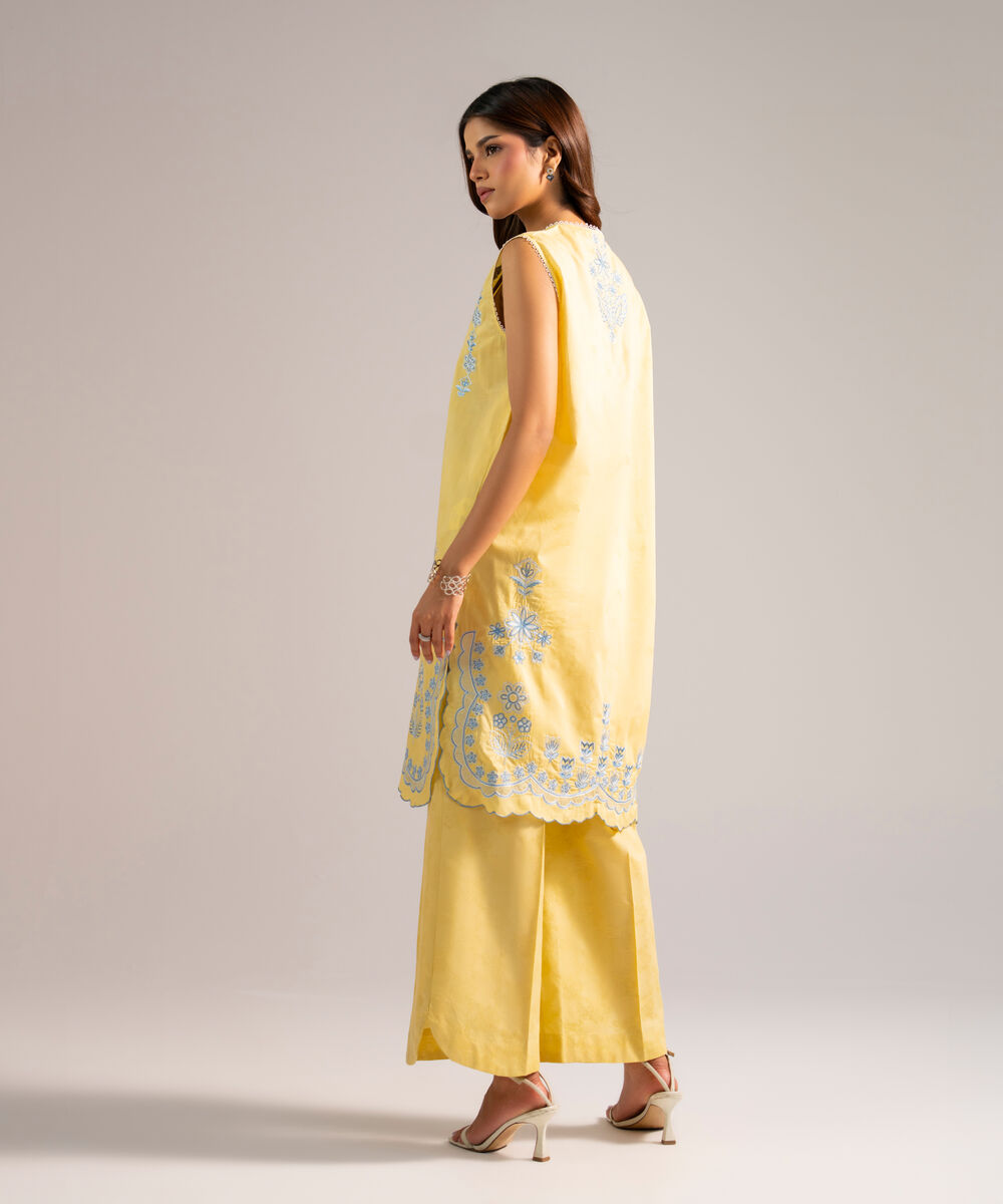 Women's RTW Self Jacquard Embroidered Yellow 2 Piece Suit
