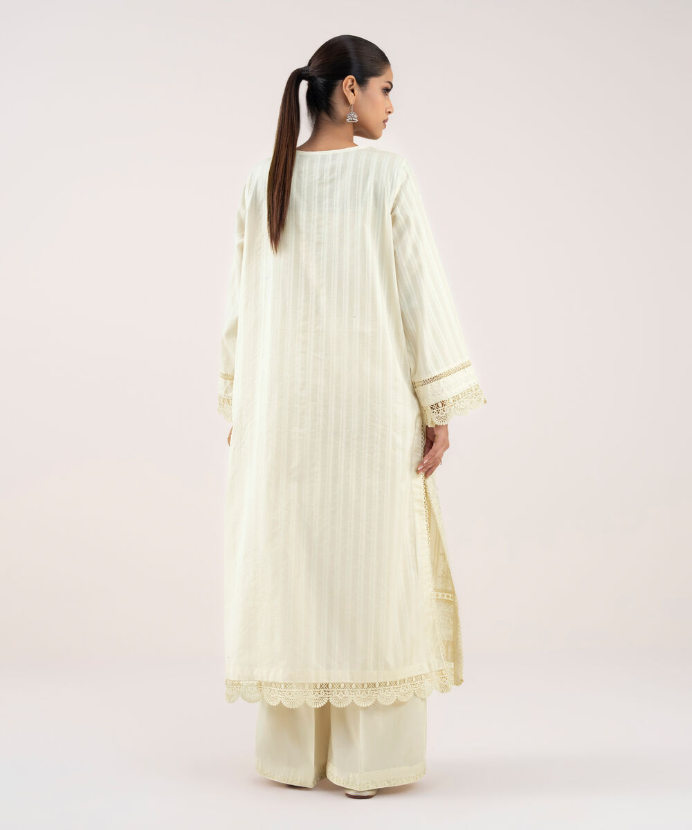 Women's RTW Textured Lawn Off White Embroidered A-Line Shirt