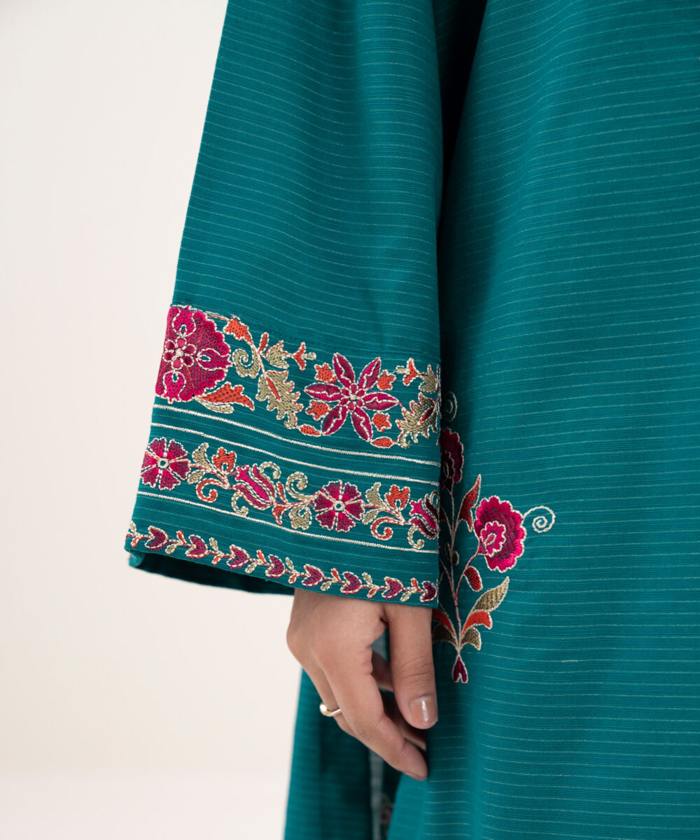 Women's RTW Zari Cotton Embroidered Straight BLue Shirt