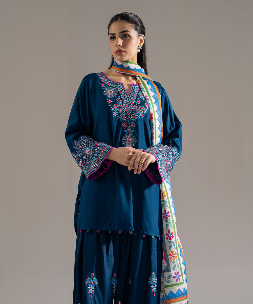 Women's RTW Solid Embroidered Blue Plain Silk 3 Piece Suit