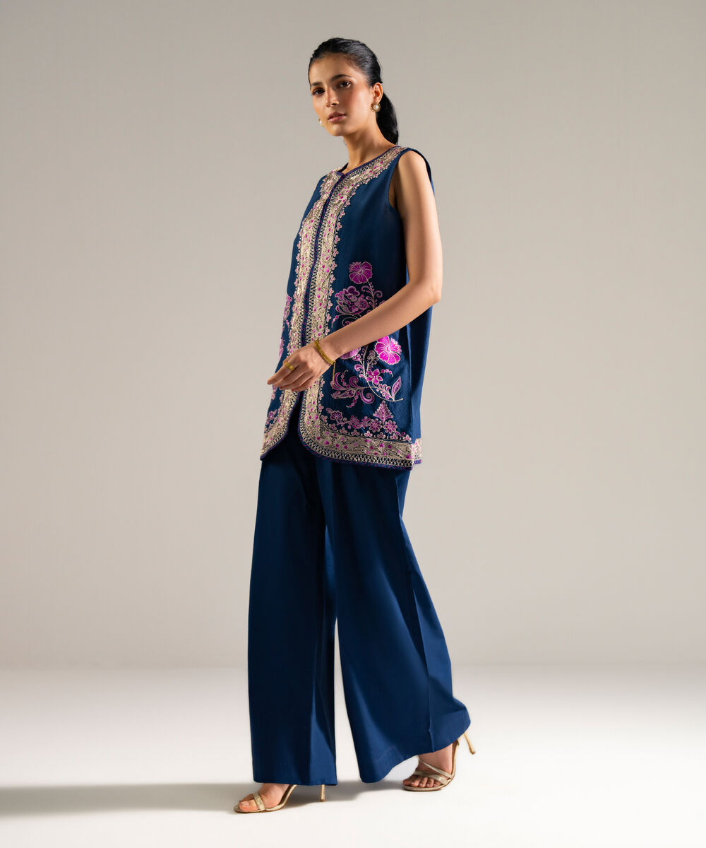 Women's RTW Dobby Embroidered Blue 2 Piece Suit