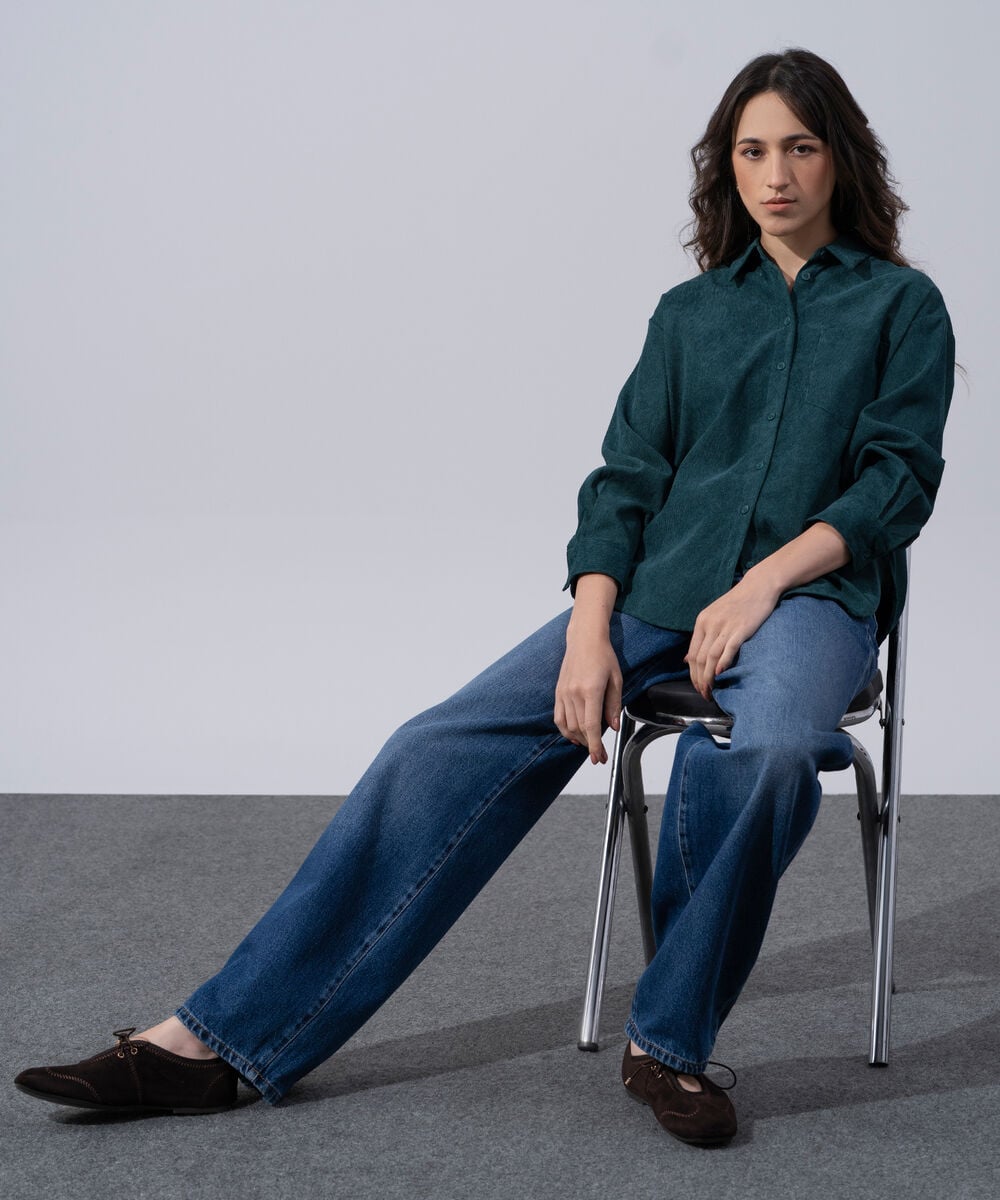 Women's Western Wear Teal Polyester Button Through Corduroy Shirt