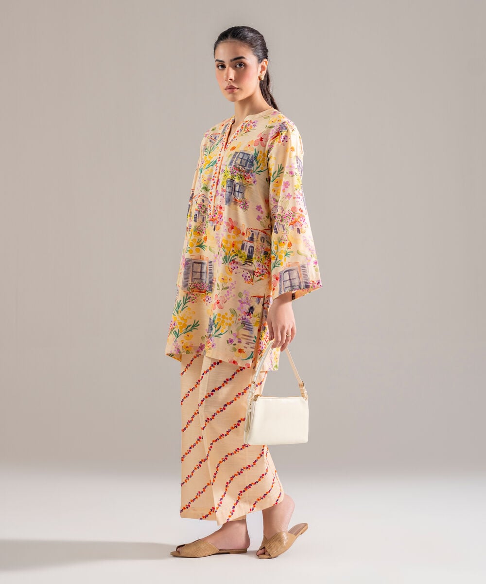Women's RTW Khaddar Printed Lime Yellow 2 Piece Suit