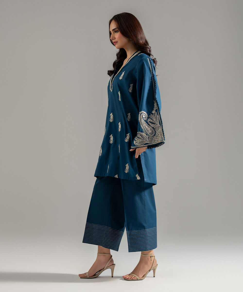 Women's RTW Lawn Solid Embroidered Teal Straight Shirt