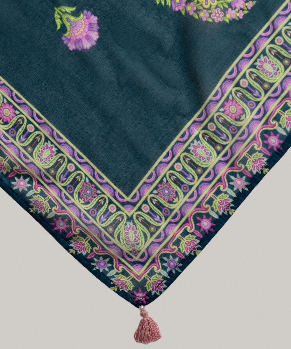 Women's RTW Fine Voil Printed Teal Dupatta