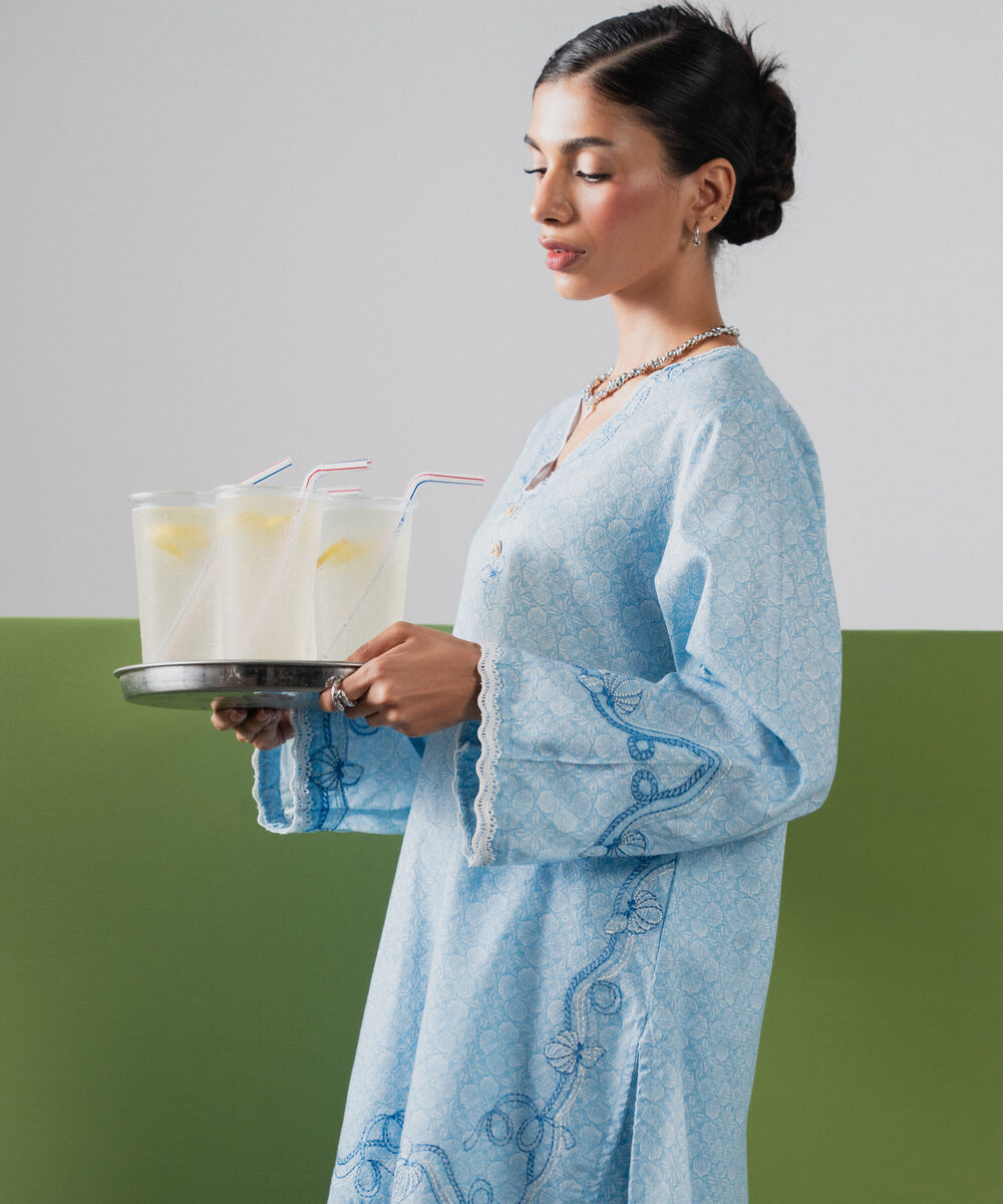 Women's RTW Dobby Embroidered Blue Straight Shirt