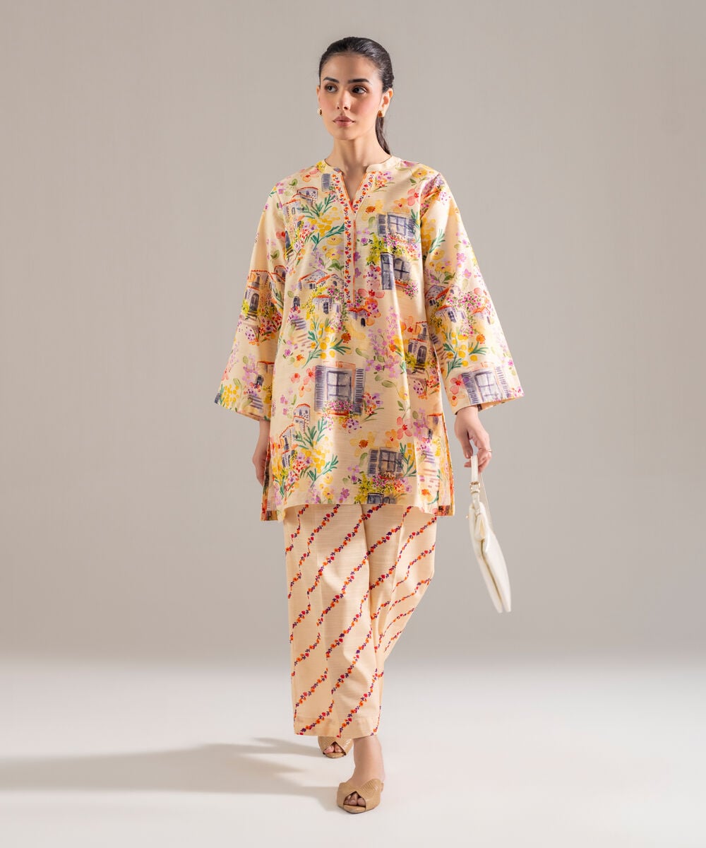 Women's RTW Khaddar Printed Lime Yellow 2 Piece Suit