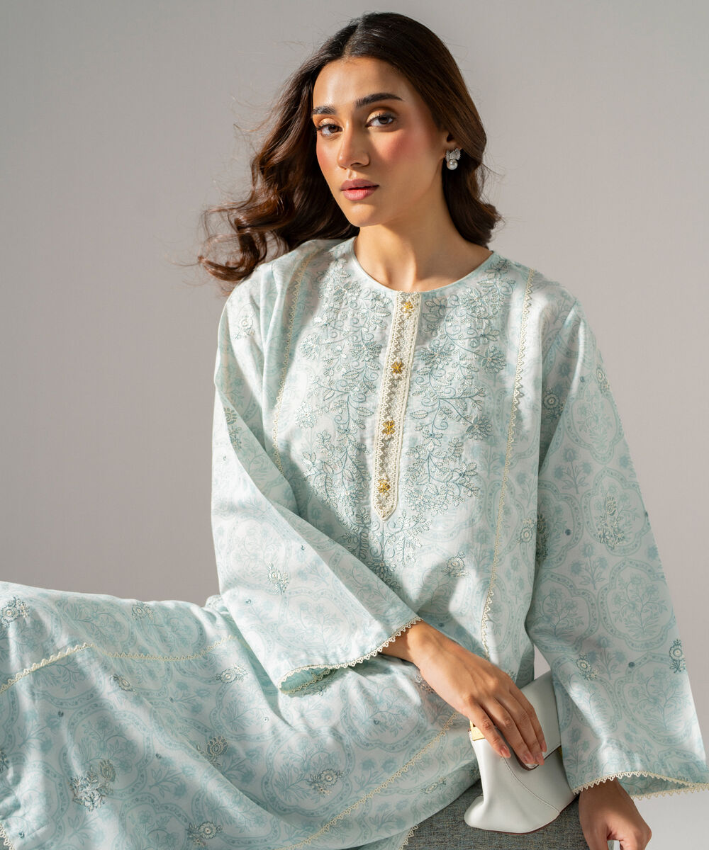 Women's RTW Fancy Khaddar Printed Embroidered Ice Blue 2 Piece Suit