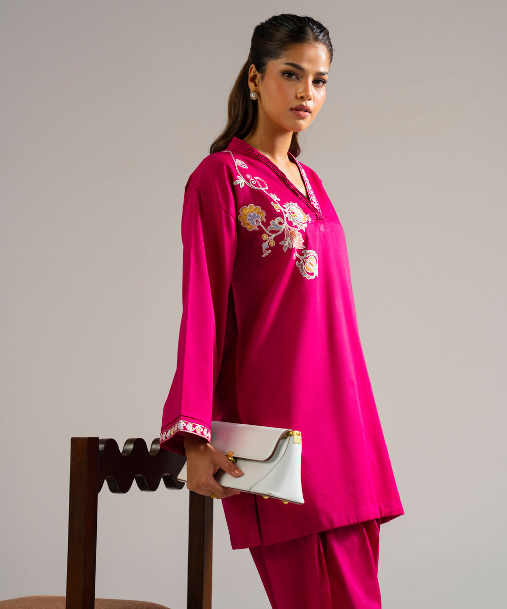 Women's RTW Dobby Embroidered Pink Drop Shoulder Shirt
