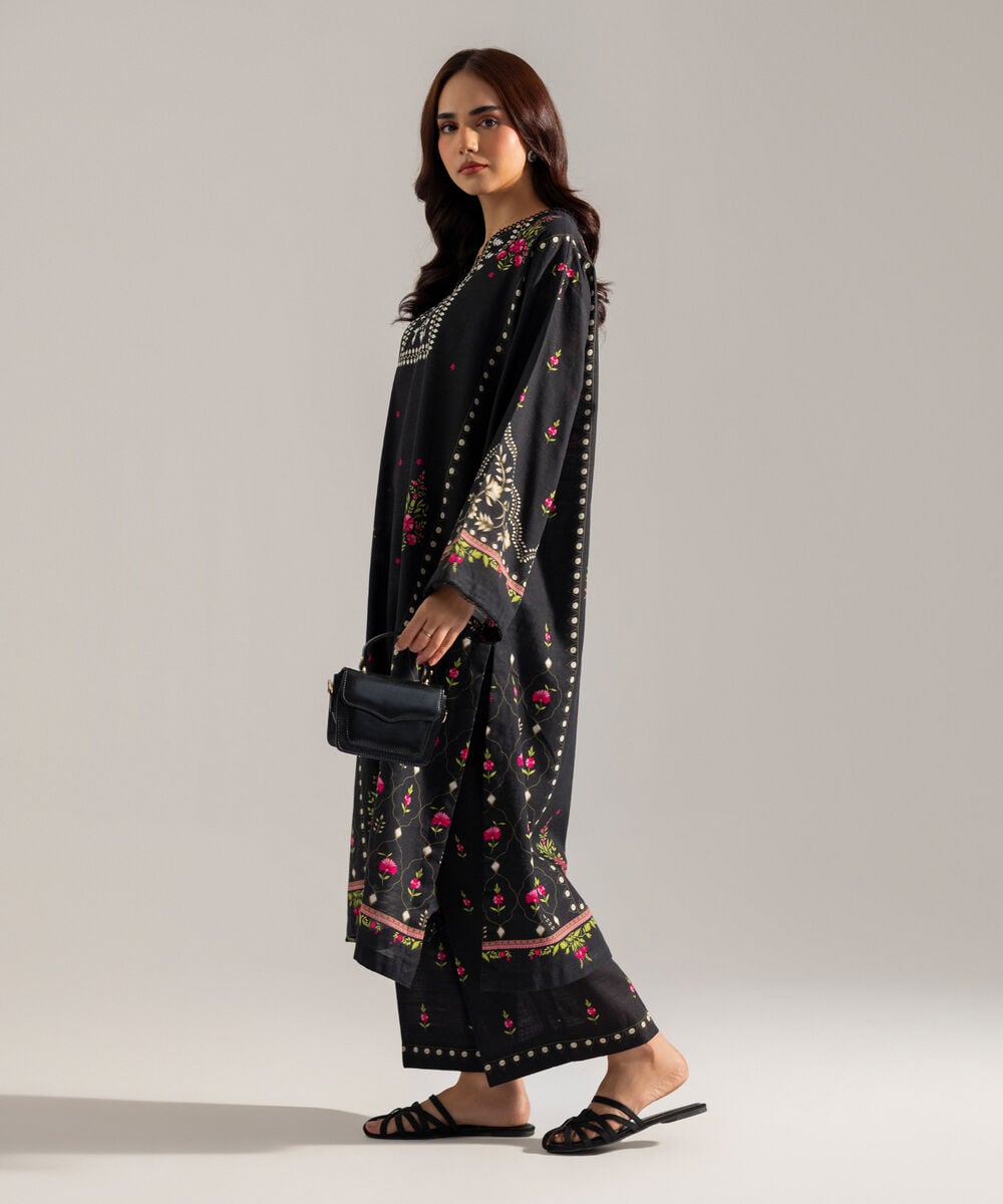Women's RTW Printed Black Khaddar A-Line Shirt