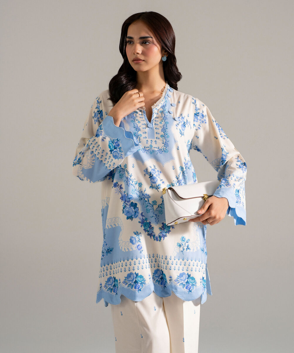 Women's RTW Cotton Viscose Printed White 2 Piece Suit