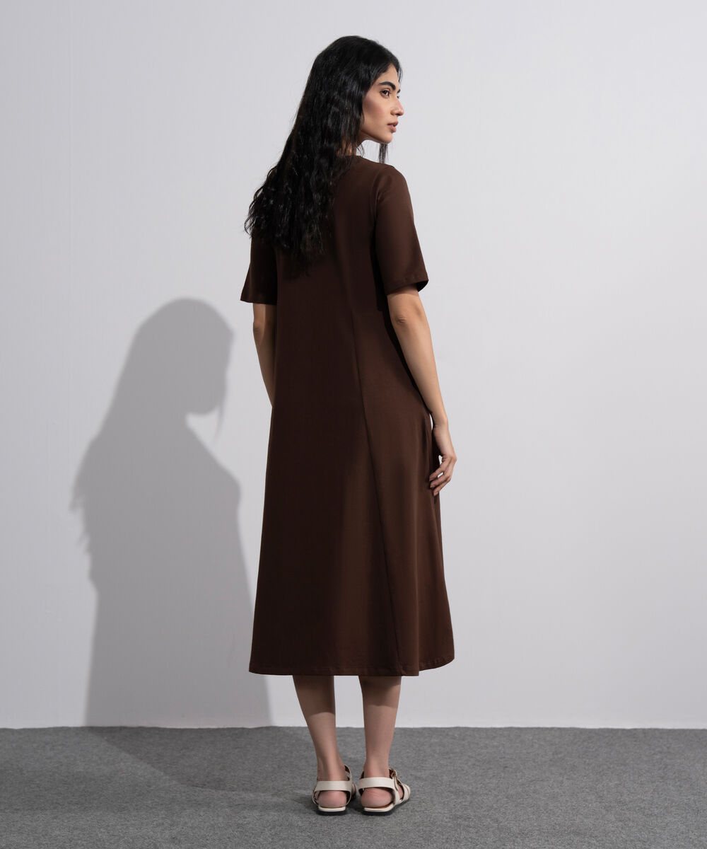 Women's Brown Flared Panelled Midi Dress