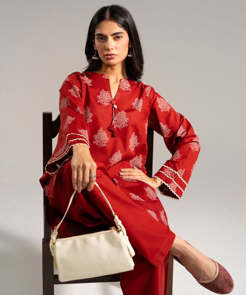 Women's RTW Lawn Printed Red Straight Shirt