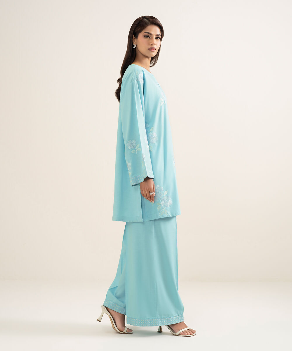 Women's RTW Cotton Viscose Embroidered Blue Straight Shirt
