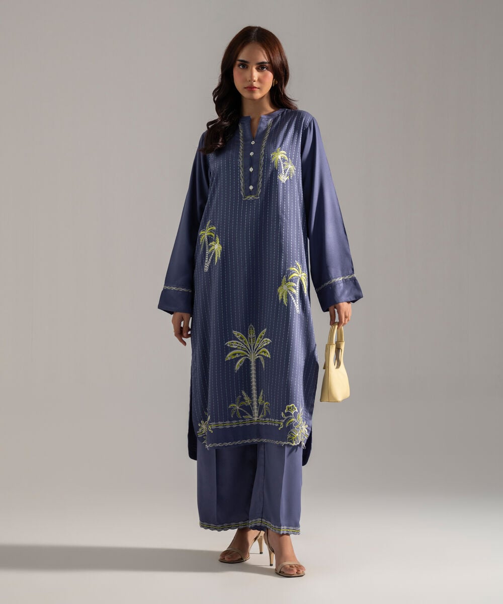 Women's RTW Solid Embroidered Blue Bedford Shirt