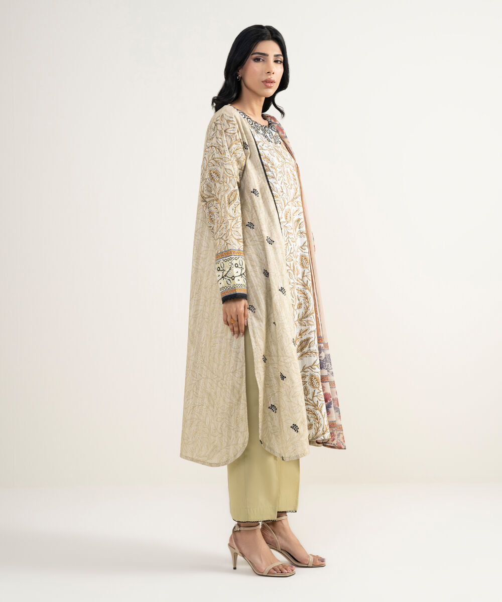 Women's RTW Cotton Embroidered Beige 3 Piece Suit