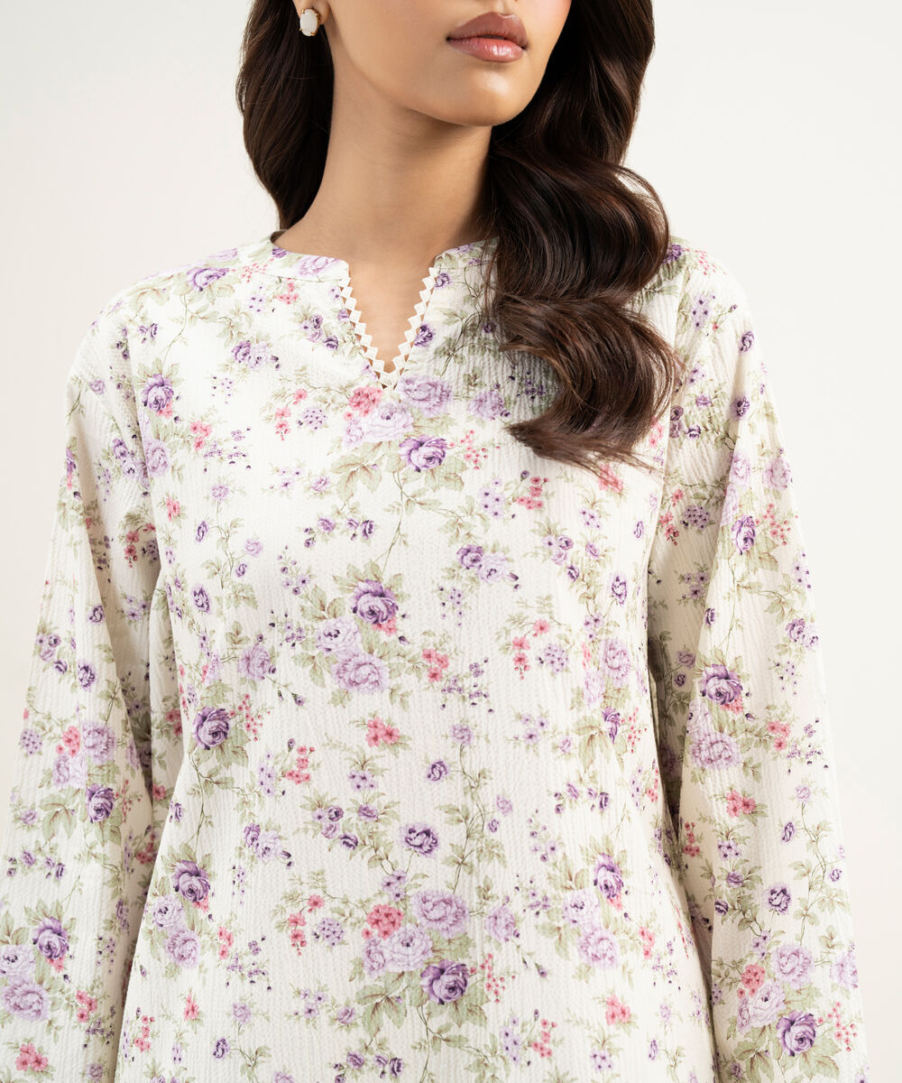 Women's RTW Seersucker Printed Off White Straight Shirt