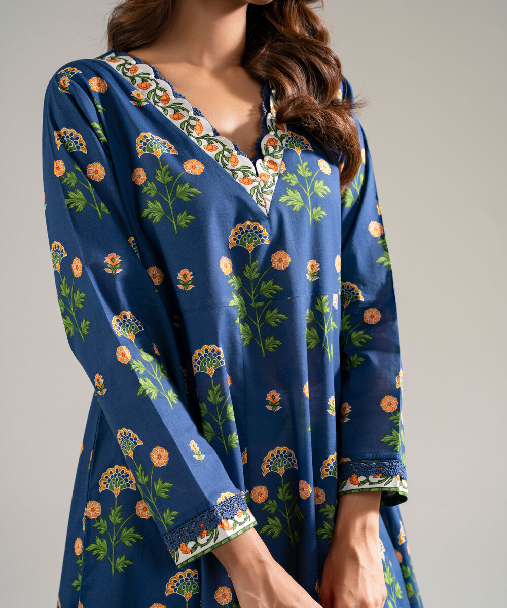 Women's RTW Slub Lawn Printed Dark Blue Peshwas
