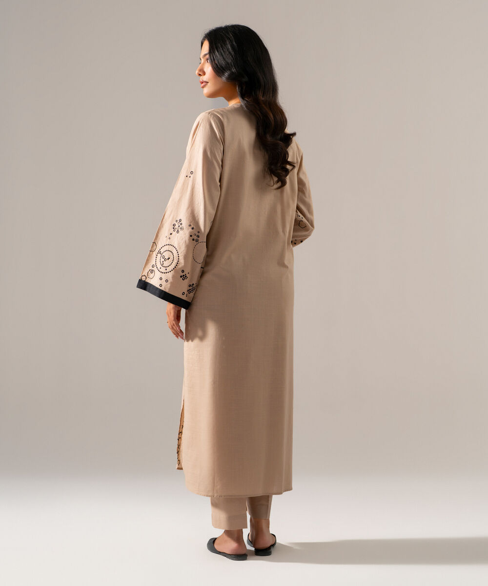 Women's RTW Cross Hatch Solid Embroidered Beige Straight Shirt