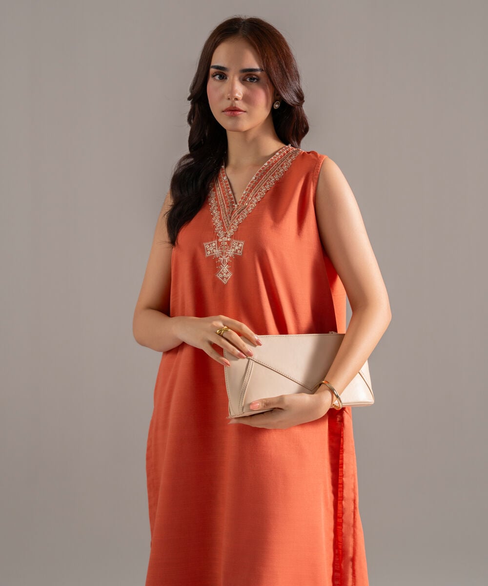 Women's RTW Khaddar Solid Embroidered Orange Straight Shirt