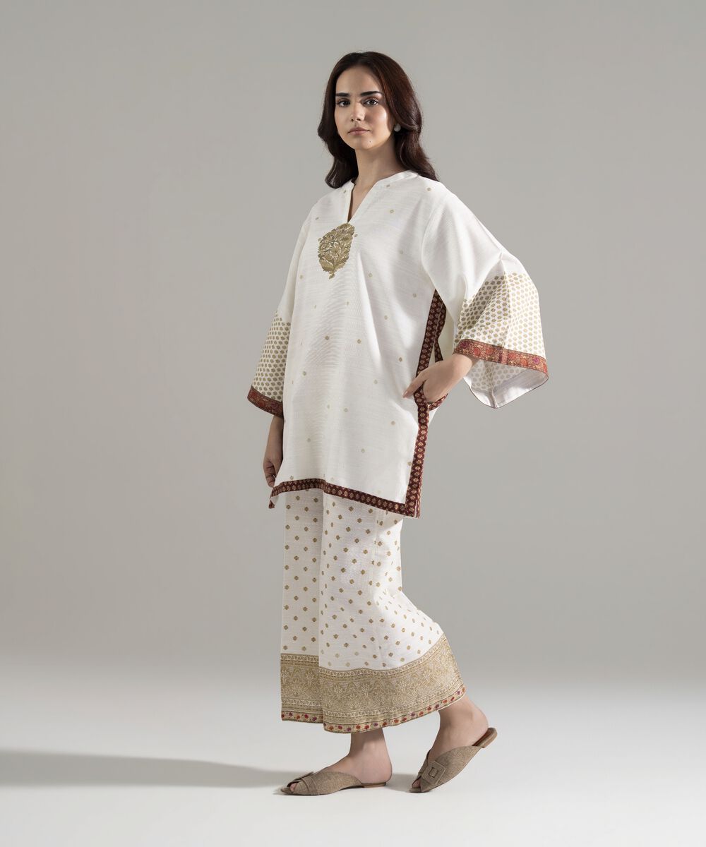 Women's RTW Khaddar Printed White Straight Shirt