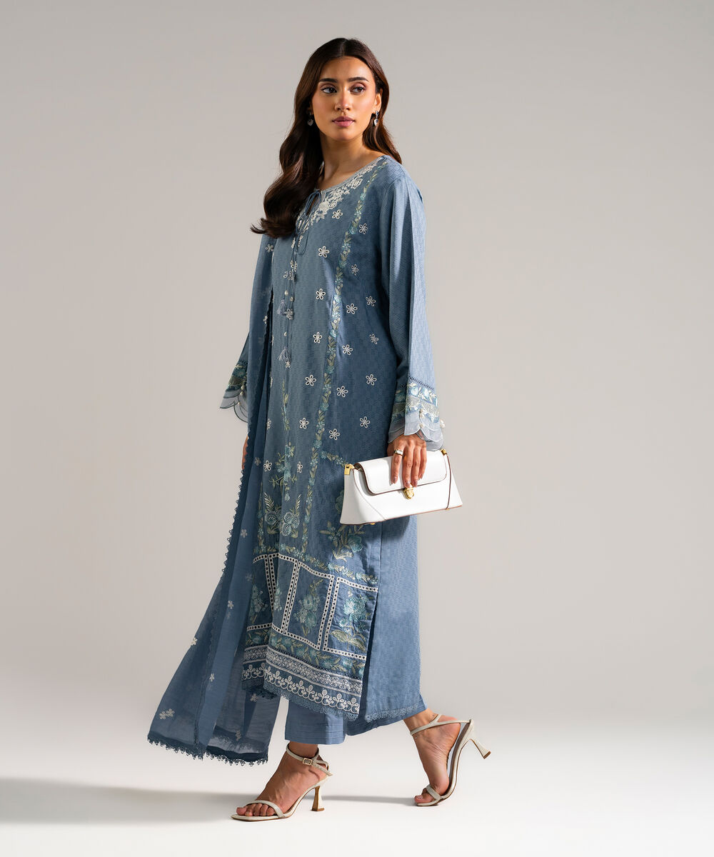 Women's RTW Textured Viscose Embroidered Grey 3 Piece Suit